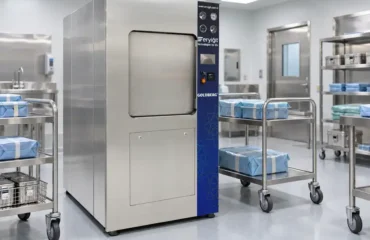 Açık Eryiğit Goldberg otoklav haznesine cerrahi set taşıyan paslanmaz yükleme arabası.