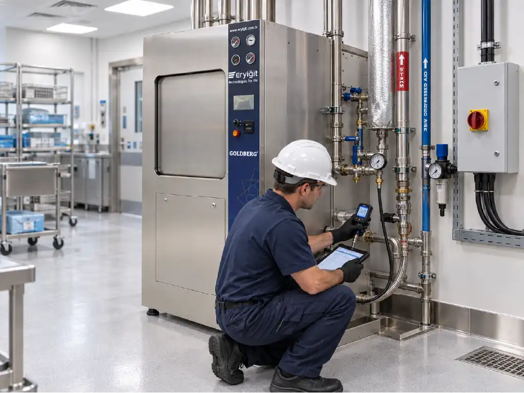 Autoclave machine buhar, elektrik ve basınçlı hava bağlantılarını kontrol eden teknik uzman
