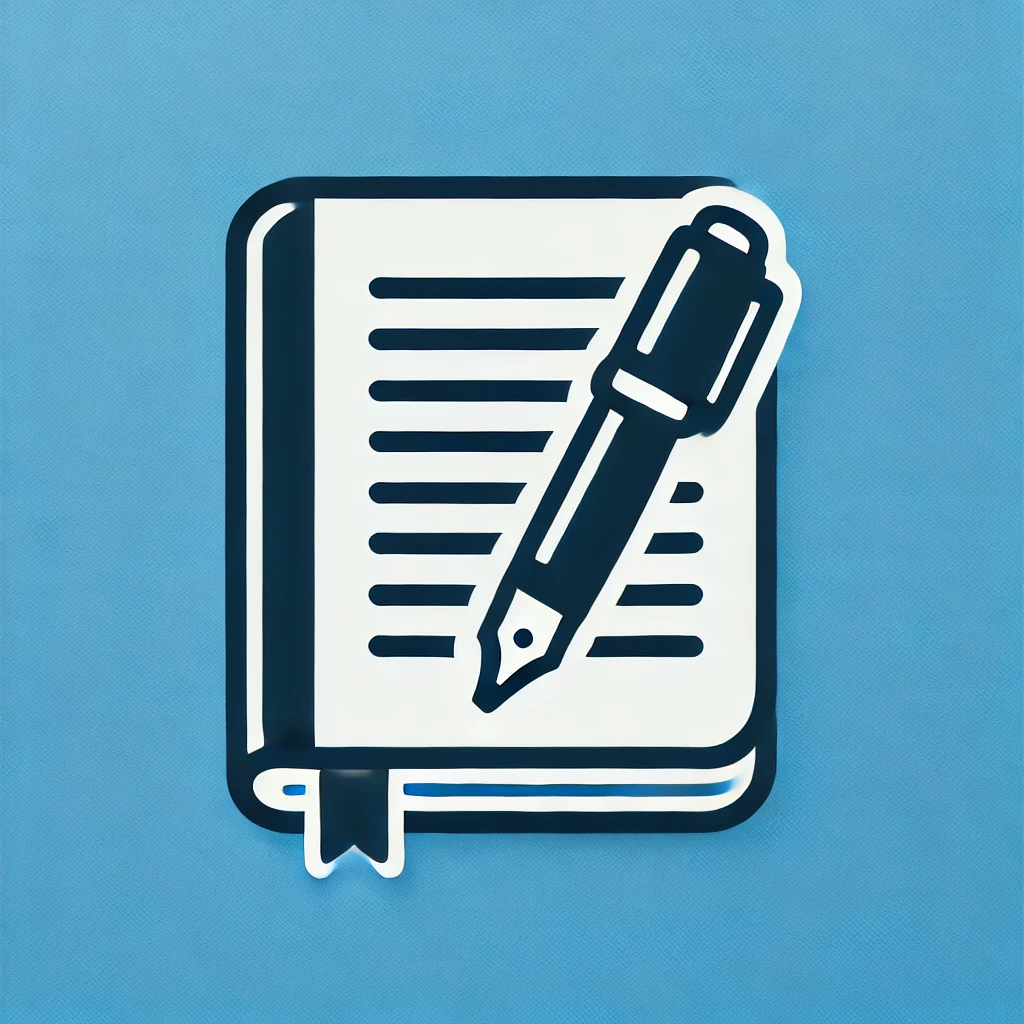 DALL·E 2025-03-10 15.03.22 - A minimalistic icon of a single pen and notebook in PNG format with a solid blue background. The design should be simple, modern, and flat, suitable f