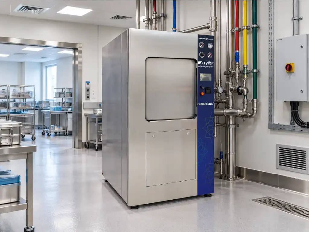 Hastane ortamında buhar, su, drenaj ve elektrik bağlantıları hazırlanmış autoclave machine